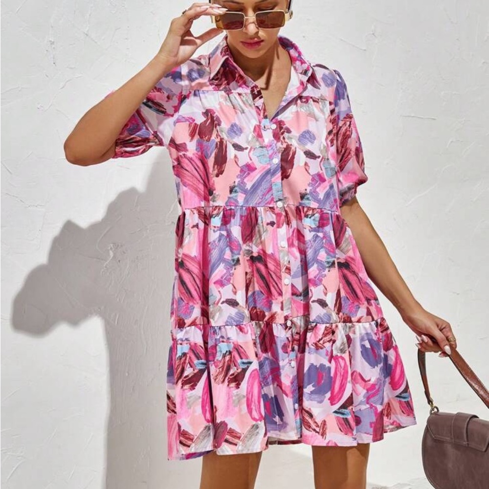 Vibrant Woman’s Button-Up Collar Spring Summer Abstract Floral Dress - Picture 5 of 12